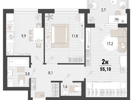 Продается 2-комнатная квартира ЖК Барса, 3В литер, 55.1  м², 15725540 рублей