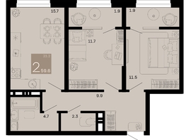 Продается 2-комнатная квартира ЖК Хозяин морей, литер 1, 59.6  м², 14661600 рублей