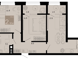 Продается 2-комнатная квартира ЖК Хозяин морей, литер 1, 57.4  м², 17966200 рублей