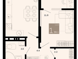 Продается 1-комнатная квартира ЖК Хозяин морей, литер 1, 36.1  м², 11515900 рублей