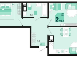 Продается 2-комнатная квартира ЖК Первое место, квартал 1.4, литер 2, 62.3  м², 8722000 рублей