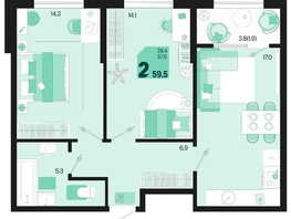 Продается 2-комнатная квартира ЖК Первое место, квартал 1.4, литер 2, 59.5  м², 7854000 рублей