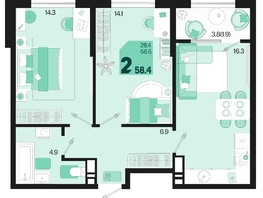 Продается 2-комнатная квартира ЖК Первое место, квартал 1.5, литер 1, 58.4  м², 8117600 рублей