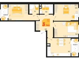 Продается 3-комнатная квартира ЖК Первое место, квартал 1.5, литер 1, 74.6  м², 10071000 рублей