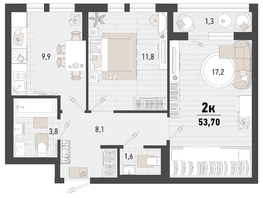 Продается 2-комнатная квартира ЖК Барса, 3В литер, 53.7  м², 15325980 рублей