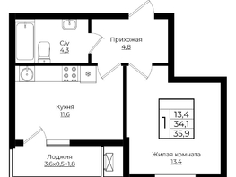 Продается 1-комнатная квартира ЖК Клубный квартал Европа 6, литера 7, 35.9  м², 7157024 рублей