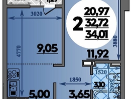 Продается 2-комнатная квартира ЖК Молодежный 2, литера 12, 34.01 м², 4962059 рублей