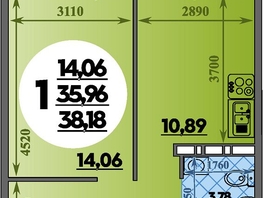 Продается 1-комнатная квартира ЖК Восточный, литера 37, 38.18  м², 5270000 рублей
