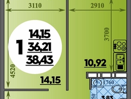 Продается 1-комнатная квартира ЖК Восточный, литера 37, 38.43  м², 5384999 рублей