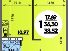 Продается 1-комнатная квартира ЖК Восточный, литера 37, 38.52 м², 5257999 рублей