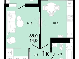 Продается 1-комнатная квартира ЖК Горячий, литера 1, 35.9 м², 5026000 рублей