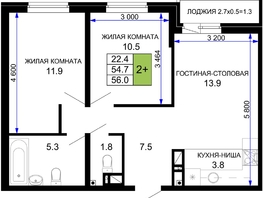Продается 2-комнатная квартира ЖК Дыхание, литер 21, 57.5 м², 6325000 рублей
