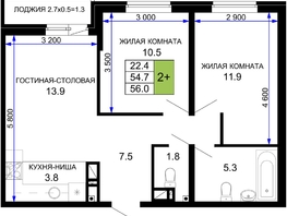 Продается 2-комнатная квартира ЖК Дыхание, литер 27, 56 м², 6720000 рублей