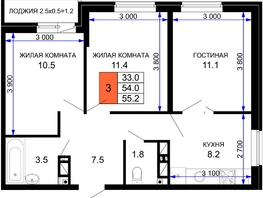 Продается 3-комнатная квартира ЖК Дыхание, литер 30, 55.2  м², 6624000 рублей