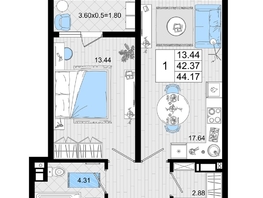Продается 1-комнатная квартира ЖК Резиденция морей, корпус В, 44.17 м², 10512460 рублей