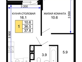 Продается 1-комнатная квартира ЖК Дыхание, литер 28, 37.8  м², 5405400 рублей