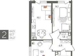 Продается 2-комнатная квартира ЖК Рекорд 2, литера 1, 64.5  м², 12667800 рублей