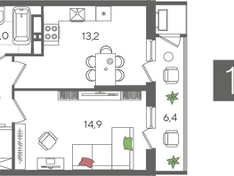 Продается 1-комнатная квартира ЖК Рекорд 2, литера 3, 44.5 м², 9745500 рублей