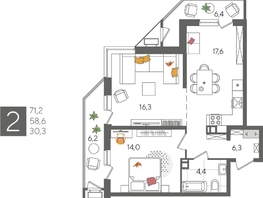 Продается 2-комнатная квартира ЖК Рекорд 2, литера 4, 71.2  м&sup2;, 14560400 рублей