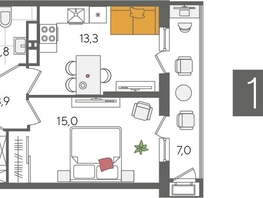 Продается 1-комнатная квартира ЖК Рекорд 2, литера 4, 45  м², 8986500 рублей