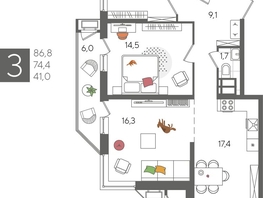 Продается 3-комнатная квартира ЖК Рекорд 2, литера 4, 86.8  м², 17333960 рублей
