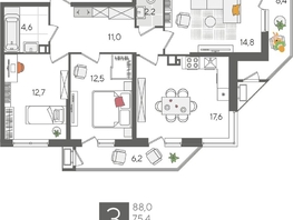 Продается 3-комнатная квартира ЖК Рекорд 2, литера 5, 88  м&sup2;, 17432800 рублей