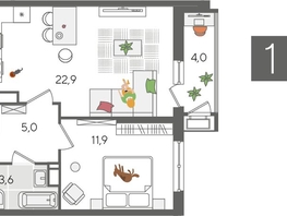 Продается 1-комнатная квартира ЖК Рекорд 2, литера 5, 47.4  м², 9541620 рублей