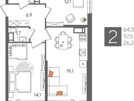 Продается 2-комнатная квартира ЖК Рекорд 2, литера 5, 64.3  м&sup2;, 14184580 рублей