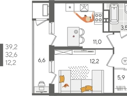 Продается 1-комнатная квартира ЖК Рекорд 2, литера 5, 39.2  м², 9725520 рублей