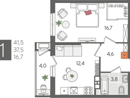 Продается 1-комнатная квартира ЖК Рекорд 2, литера 5, 41.5  м², 8681800 рублей