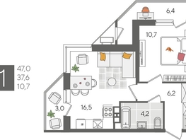 Продается 1-комнатная квартира ЖК Рекорд 2, литера 5, 47  м², 9442300 рублей