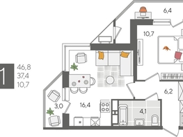 Продается 1-комнатная квартира ЖК Рекорд 2, литера 5, 46.8  м², 9940320 рублей