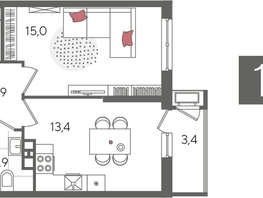 Продается 1-комнатная квартира ЖК Рекорд 2, литера 6, 41.6  м², 9064640 рублей
