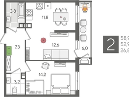 Продается 2-комнатная квартира ЖК Рекорд 2, литера 6, 58.9  м², 11591520 рублей