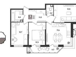 Продается 3-комнатная квартира ЖК Рекорд 2, литера 6, 88  м&sup2;, 17784800 рублей