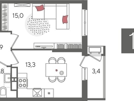Продается 1-комнатная квартира ЖК Рекорд 2, литера 6, 41.4  м², 9124560 рублей