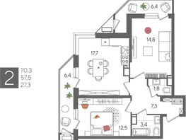 Продается 2-комнатная квартира ЖК Рекорд 2, литера 6, 70.3  м², 14165450 рублей