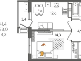 Продается 1-комнатная квартира ЖК Рекорд 2, литера 6, 41.4  м², 9025200 рублей