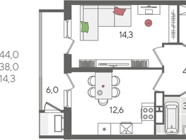 Продается 1-комнатная квартира ЖК Рекорд 2, литера 6, 44  м², 9772400 рублей
