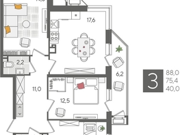 Продается 3-комнатная квартира ЖК Рекорд 2, литера 6, 88  м&sup2;, 17221600 рублей