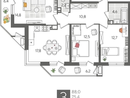 Продается 3-комнатная квартира ЖК Рекорд 2, литера 6, 88  м², 17212800 рублей