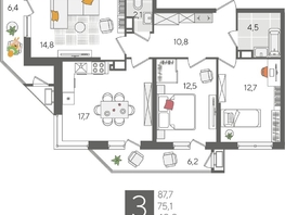 Продается 3-комнатная квартира ЖК Рекорд 2, литера 6, 87.7  м², 17075190 рублей