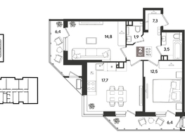 Продается 2-комнатная квартира ЖК Рекорд 2, литера 1, 70.5  м&sup2;, 13747500 рублей