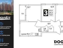 Продается 3-комнатная квартира ЖК Самолет, литера 57, 73.8  м², 10826460 рублей