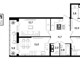 Продается 3-комнатная квартира ЖК DOGMA PARK (Догма парк), литера 22, 75.8  м&sup2;, 11218400 рублей