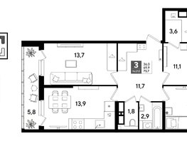 Продается 3-комнатная квартира ЖК ДОГМА ПАРК, литера 22, 75.7  м&sup2;, 11264160 рублей