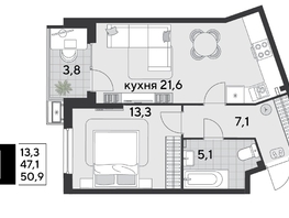 Продается 1-комнатная квартира ЖК Парк Победы 2, литера 19, 50.9  м², 8724260 рублей