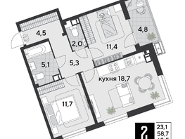 Продается 2-комнатная квартира ЖК Парк Победы 2, литера 19, 63.5  м², 10071100 рублей