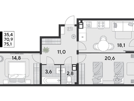 Продается 2-комнатная квартира ЖК Парк Победы 2, литера 21, 75.1  м&sup2;, 11835760 рублей