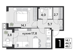 Продается 1-комнатная квартира ЖК Парк Победы 2, литера 21, 48.1  м², 8326110 рублей